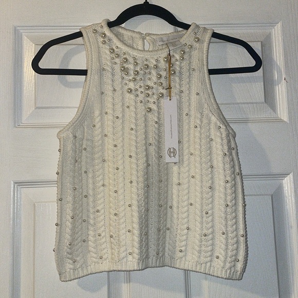 New House of Harlow 1960 Knitted Bone White women's top with Pearls